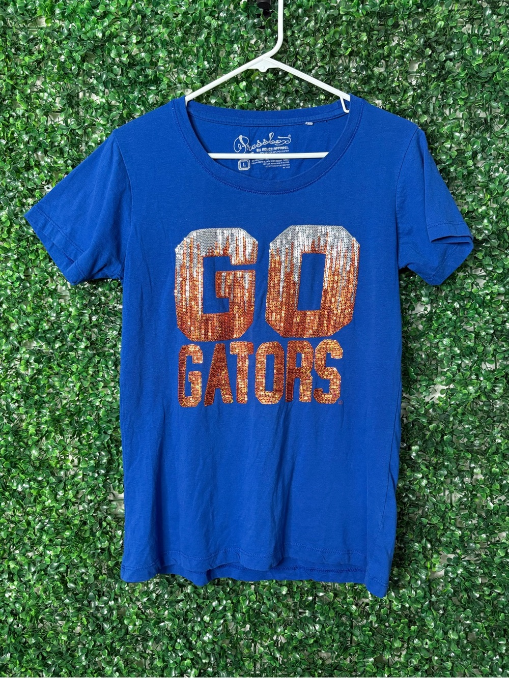 Pressbox Royal Blue Short Sleeve Tee with Orange and Silver Sequin "GO GATORS"